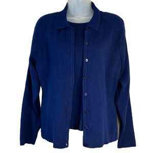 Vintage Talbots Cardigan Sweater Top Set Size S Petite 100% Cotton Ribbed Blue